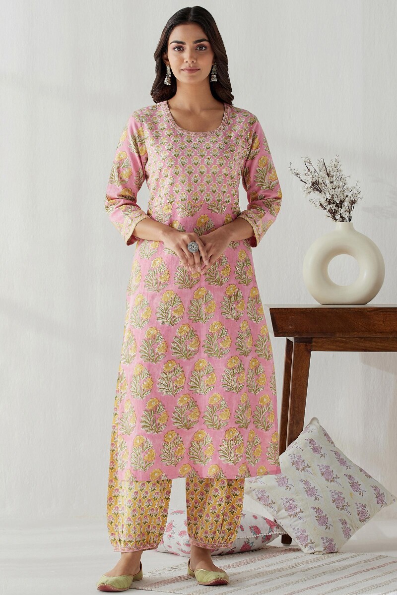 Pink Hand Block Printed Straight Cotton Flax Kurta