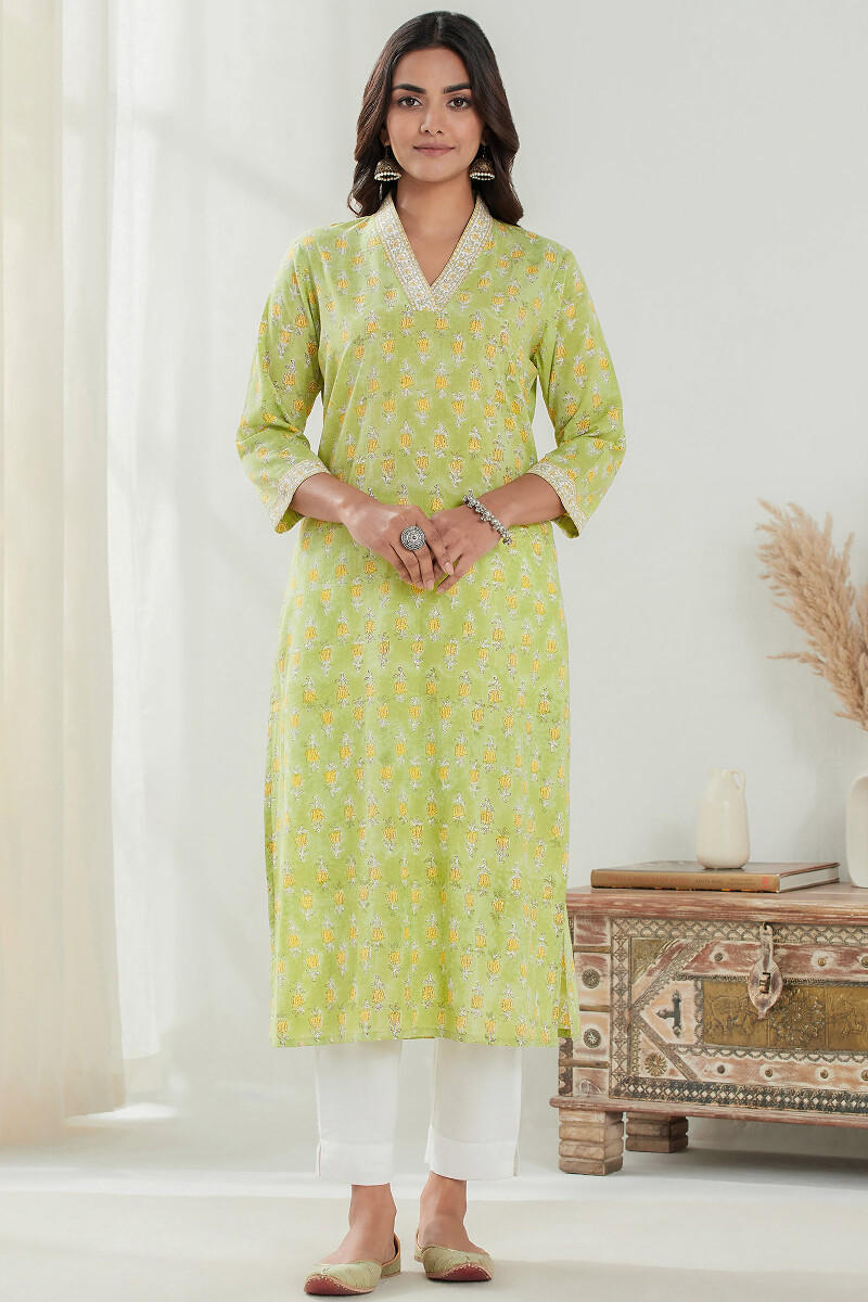 Green Hand Block Printed Straight Cotton Kurta