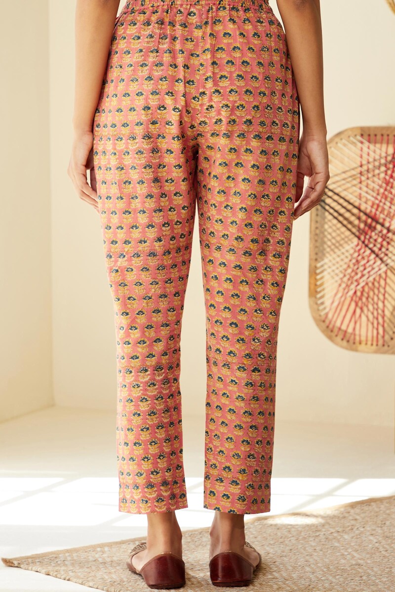 Peach Hand Block-Printed Cotton Narrow Pants