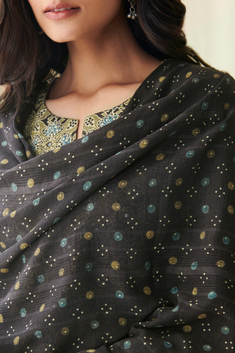 Black Hand Block Printed Cotton Dupatta