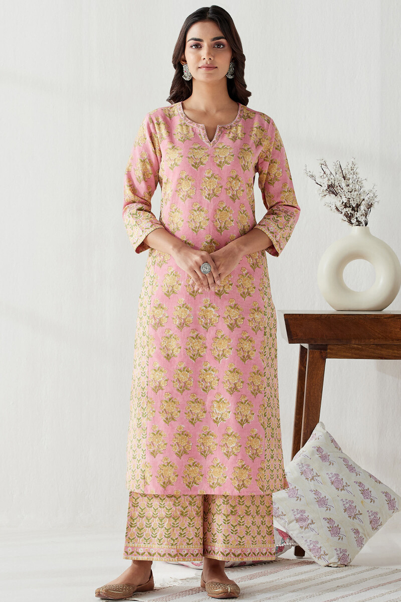 Pink Hand Block Printed Straight Cotton Flax Kurta