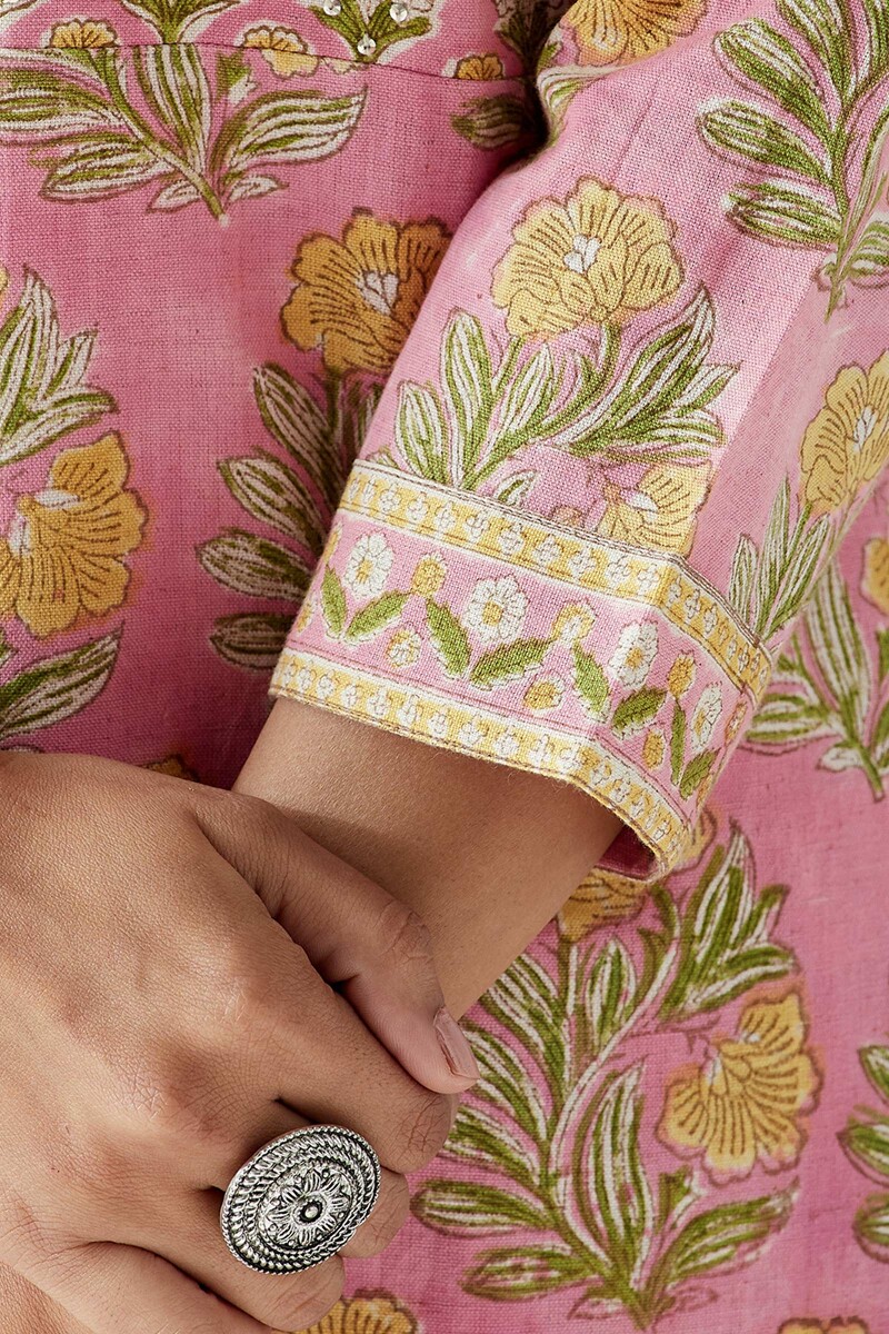 Pink Hand Block Printed Straight Cotton Flax Kurta