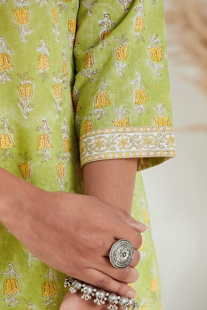Green Hand Block Printed Straight Cotton Kurta