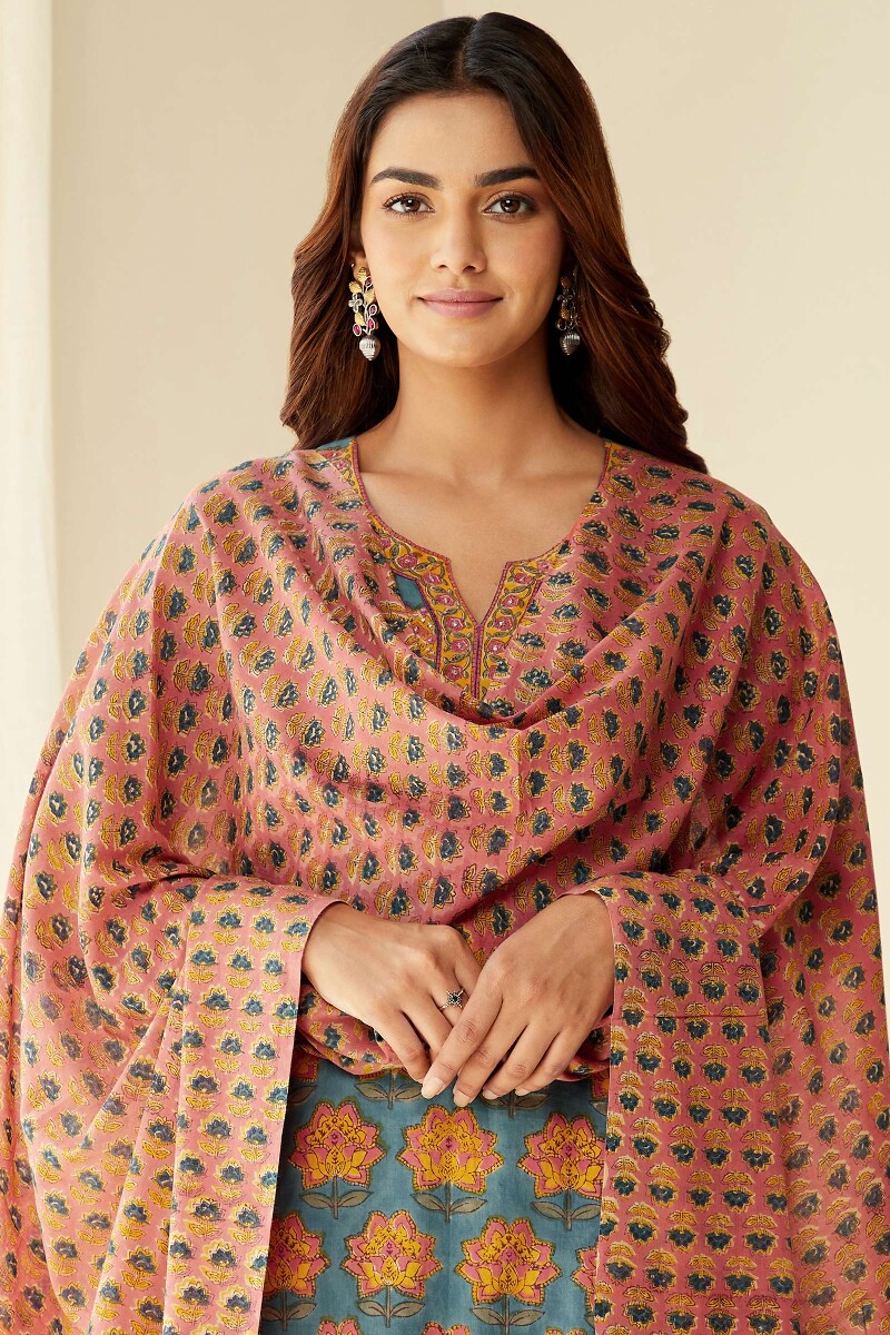 Peach Hand Block-Printed Cotton Mul Dupatta