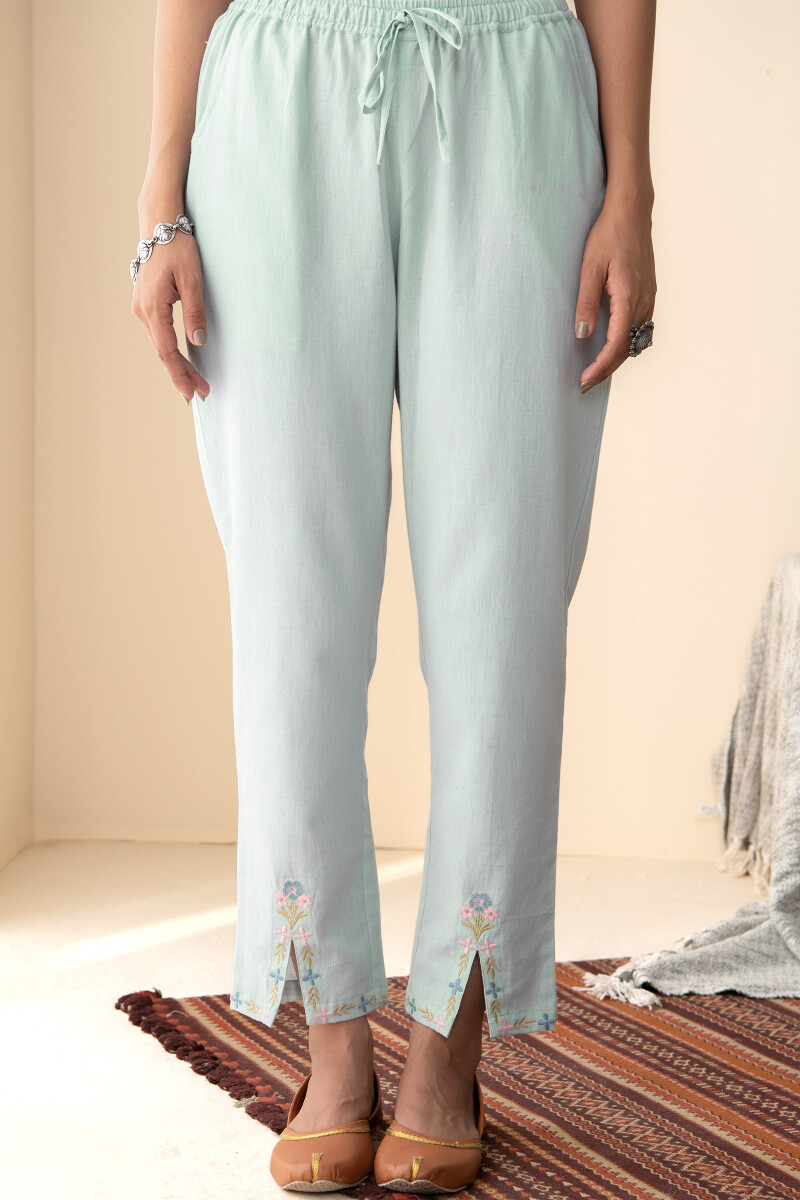 Blue Handcrafted Cotton Flax Narrow Pants