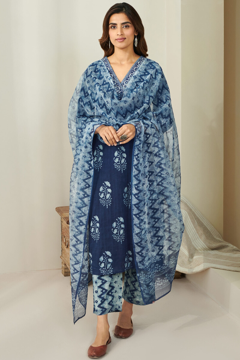 Indigo Hand Block Printed Cotton Dobby Farsi