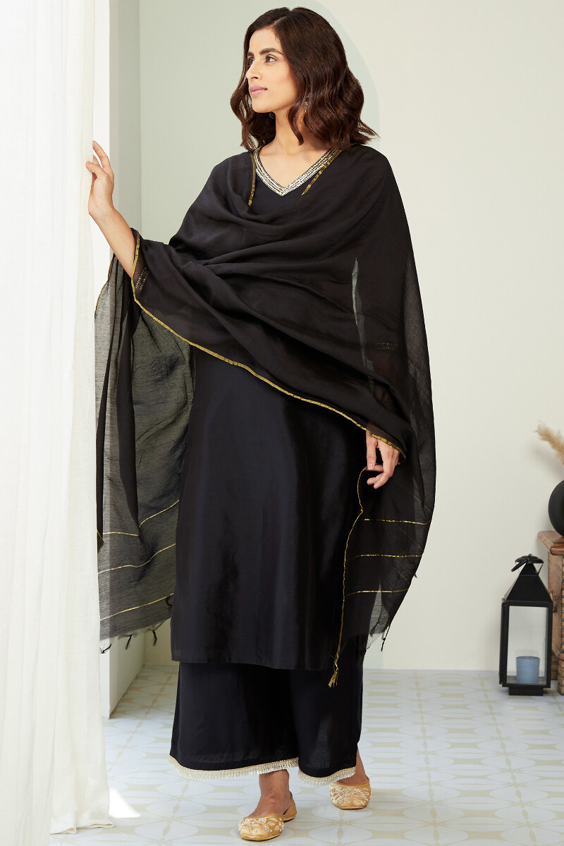 Black Handcrafted Straight Chanderi Kurta