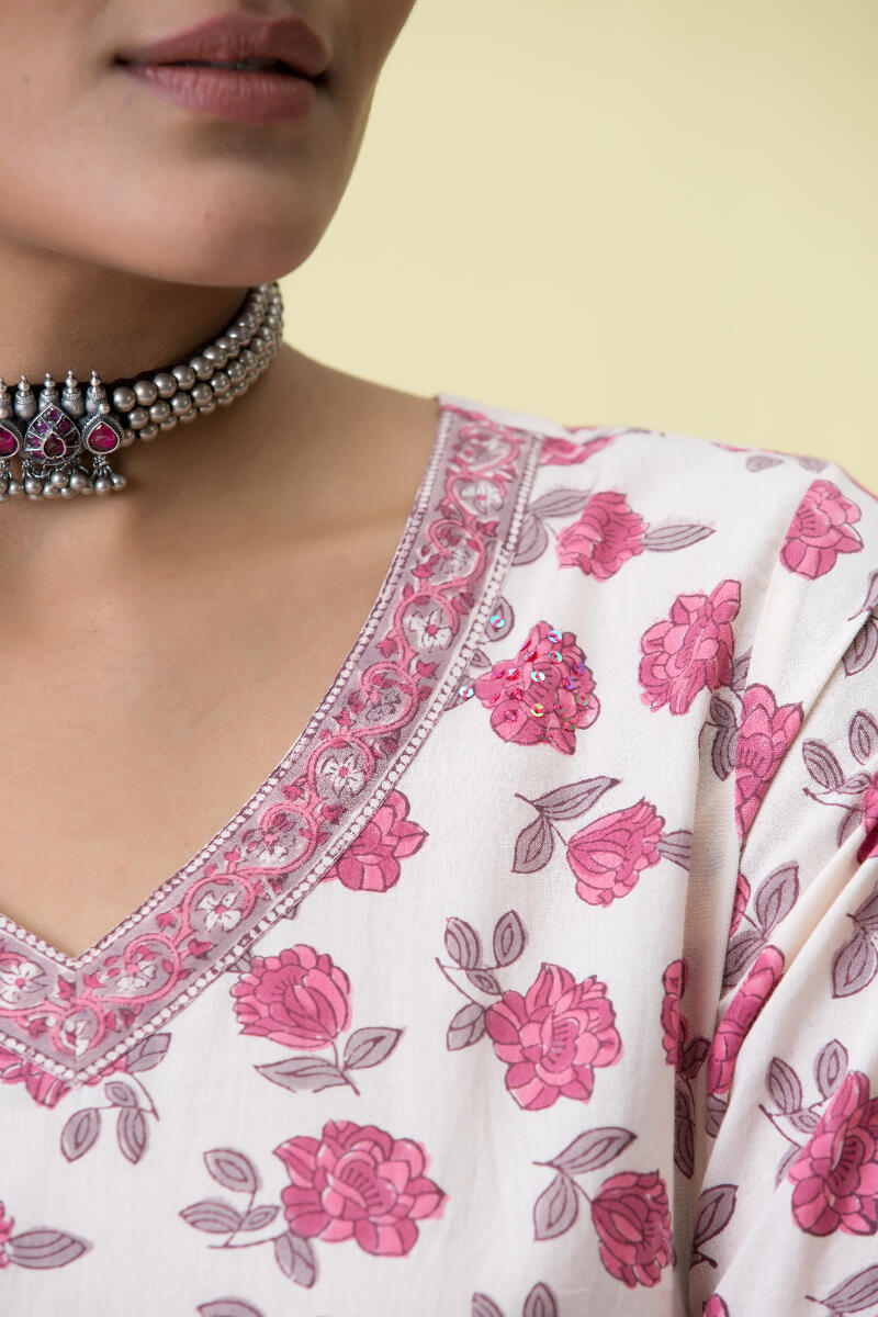 Pink Block Printed Straight Cotton Kurta