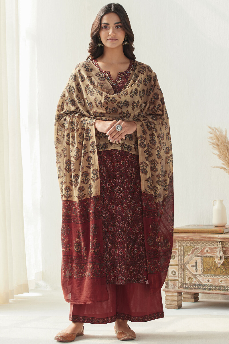 Red Hand Block Printed Cotton Dobby Farsi