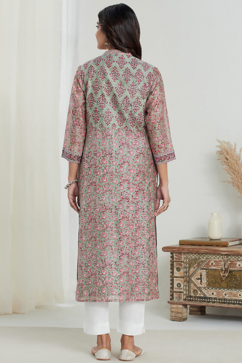 Green Hand Block Printed Straight Chanderi Kurta
