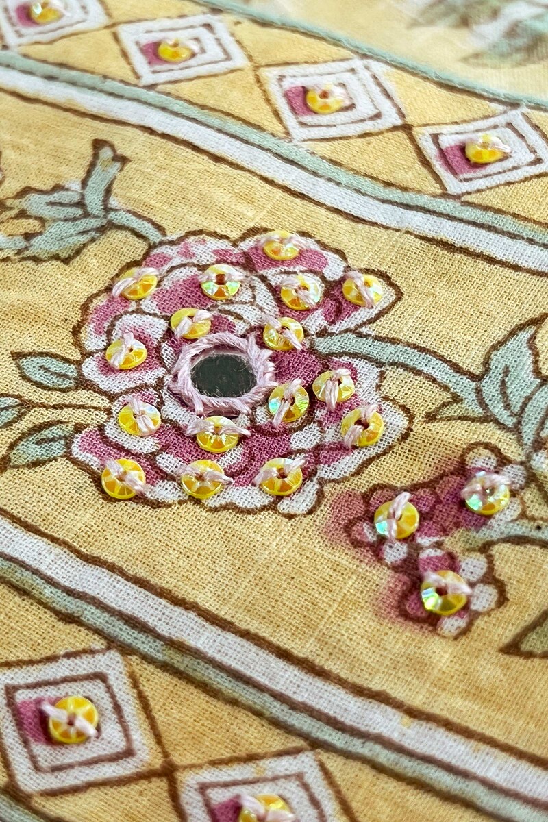 Yellow Hand Block Printed Straight Cotton Slub Kurta