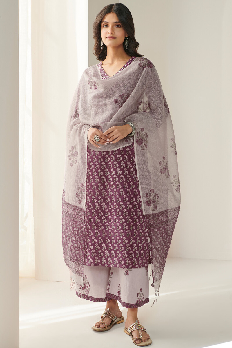 Purple Hand Block Printed A-Line Cotton Slub Kurta