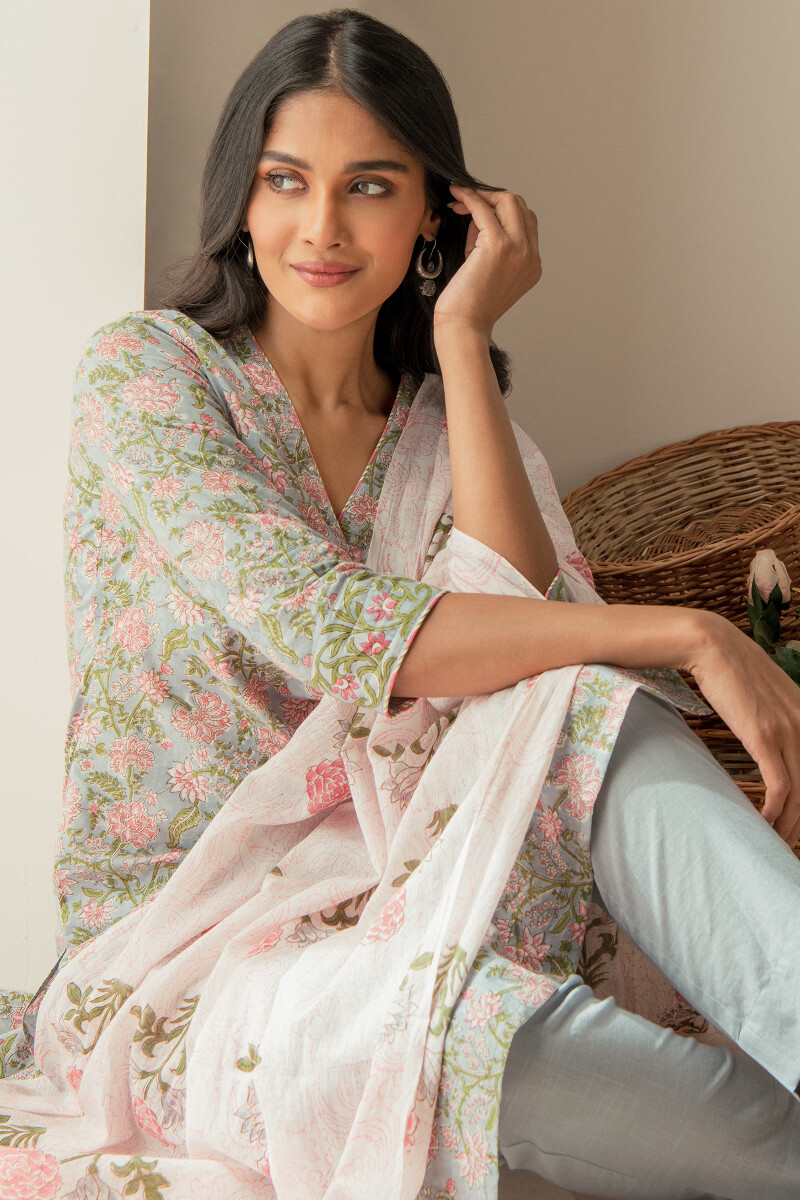 Off-White Hand Block Printed Cotton Mul Dupatta
