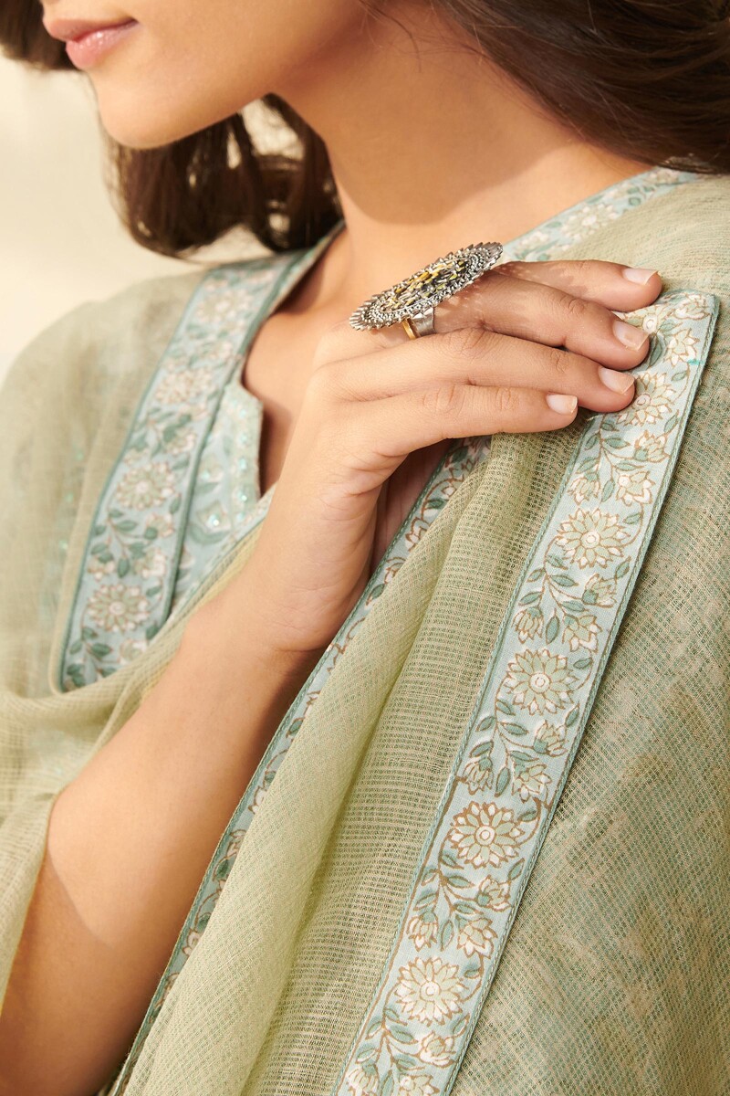 Green Hand Block Printed Kota Dupatta