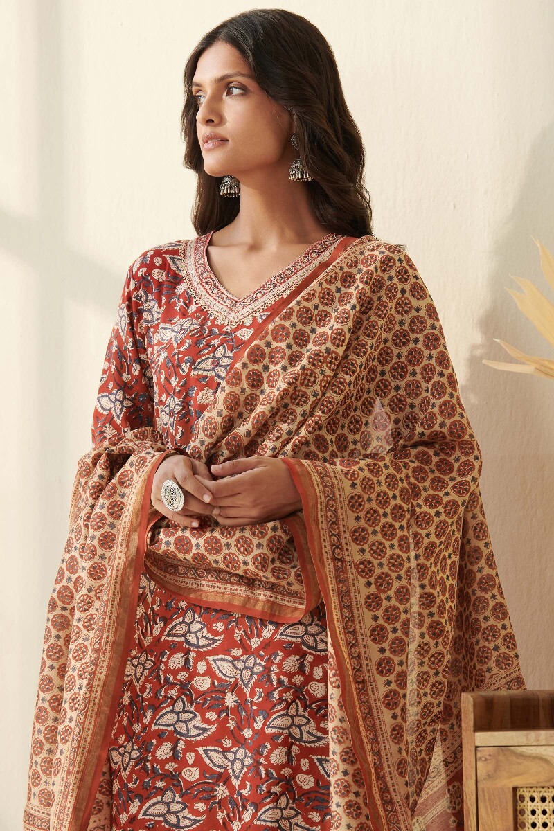 Red Hand Block Printed Chanderi Dupatta