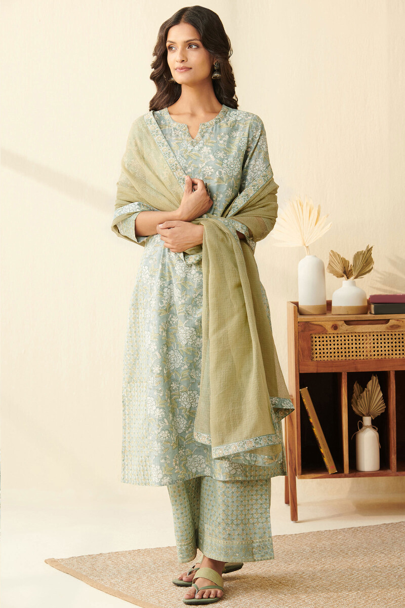 Blue Hand Block Printed Straight Cotton Slub Kurta