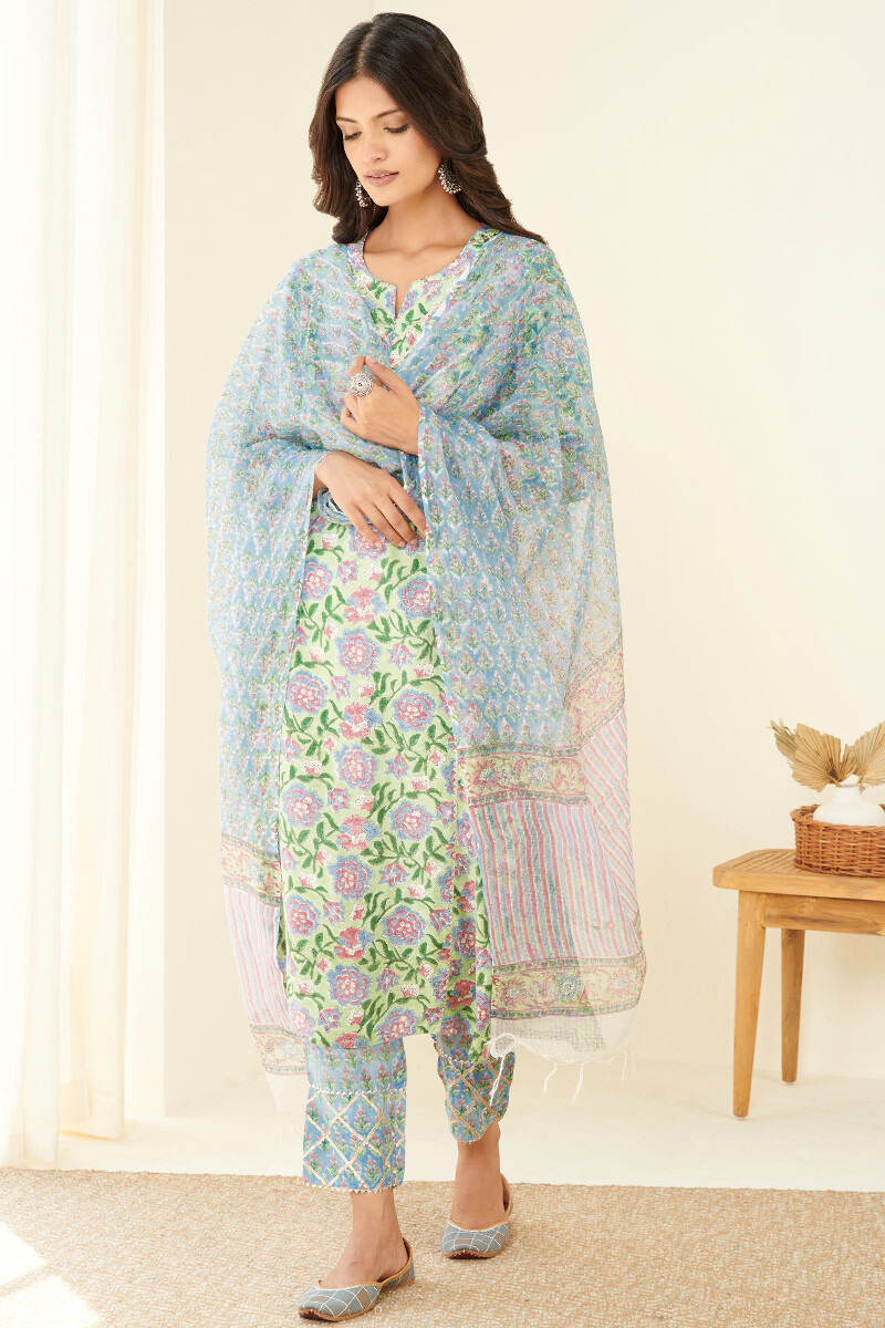 Green Block Printed Straight Cotton Kurta