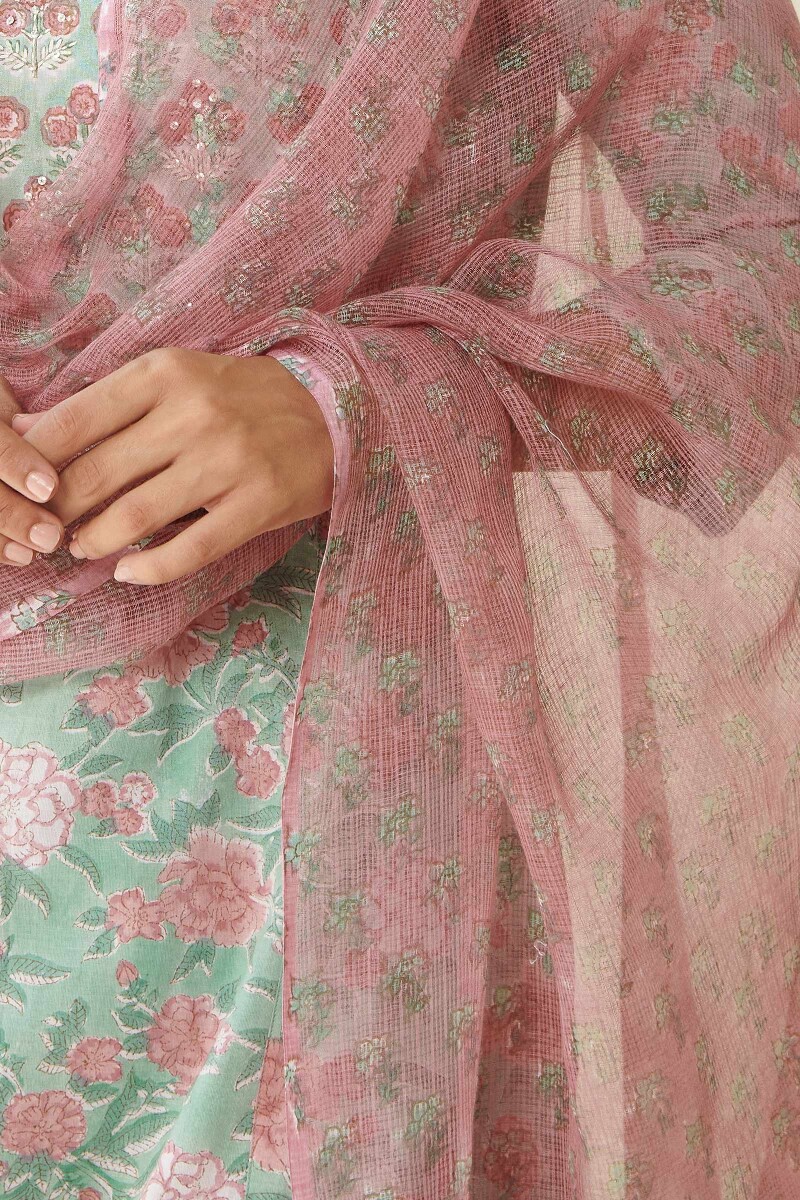 Pink Hand Block Printed Kota Dupatta