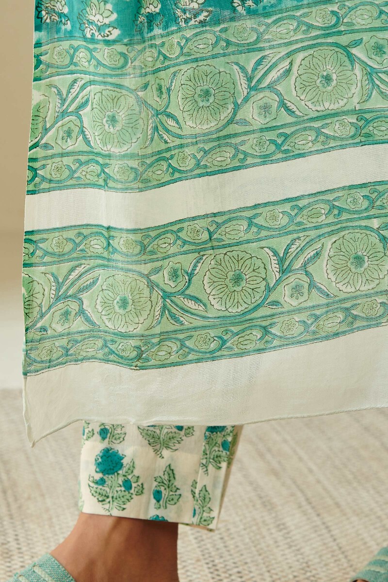 Turquoise Hand Block Printed Cotton Dupatta
