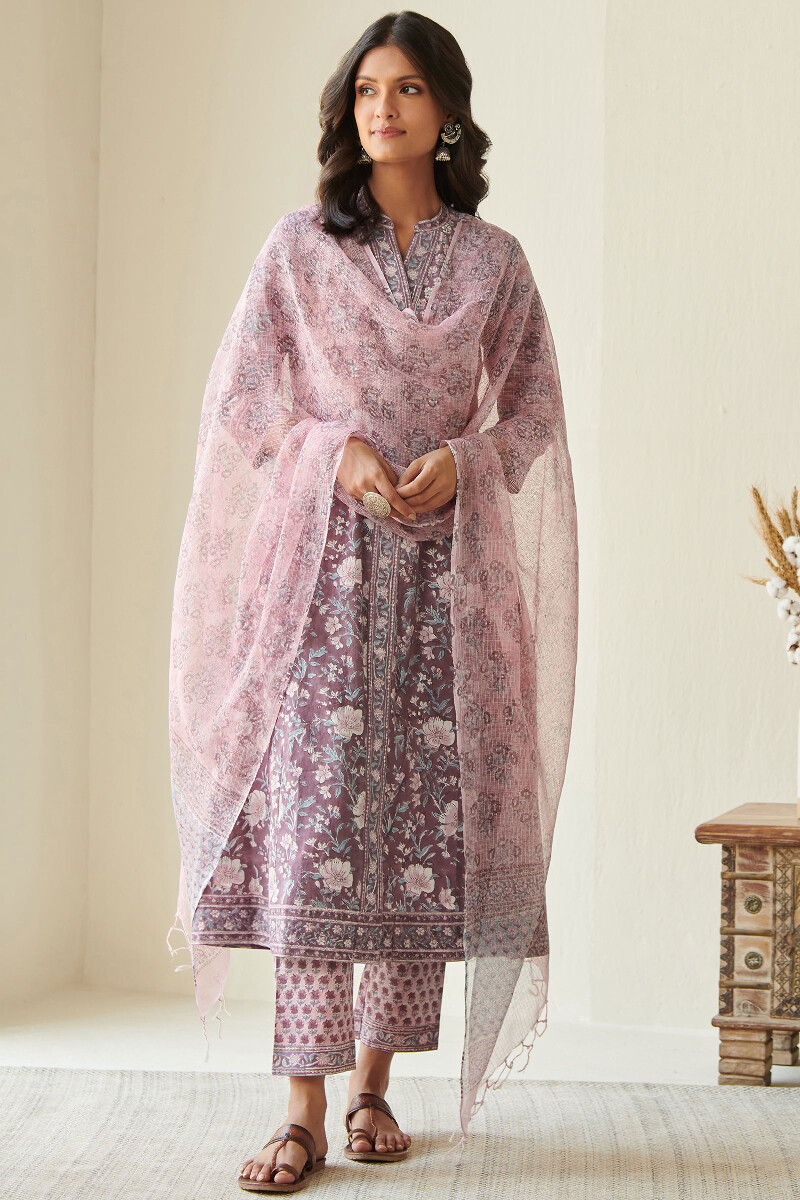 Purple Hand Block-Printed A-Line Cotton Kurta