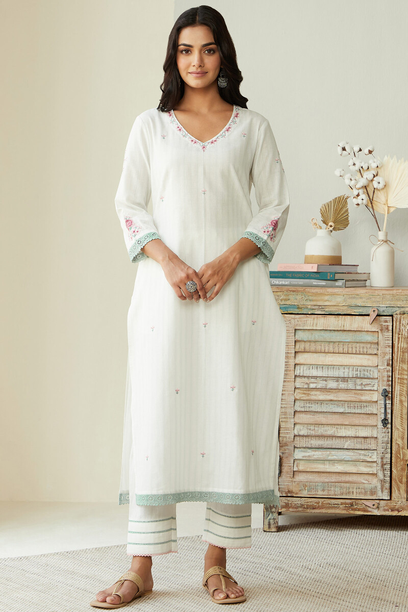 White Handcrafted Straight Cotton Kurta