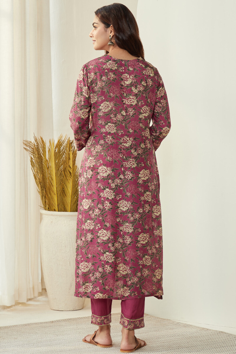 Pink Hand Block-Printed Straight Modal Kurta