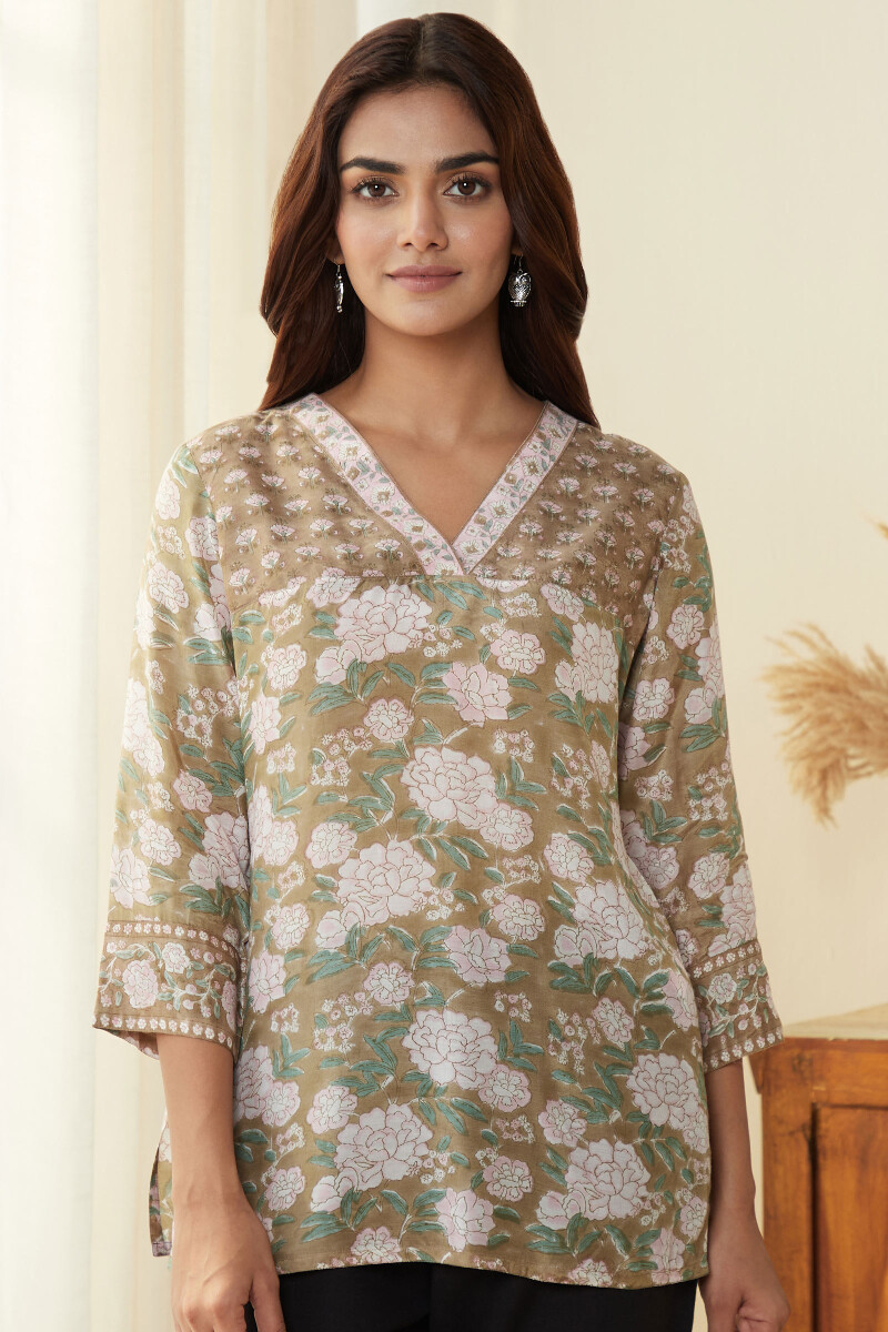 Brown Hand Block-Printed Modal Top