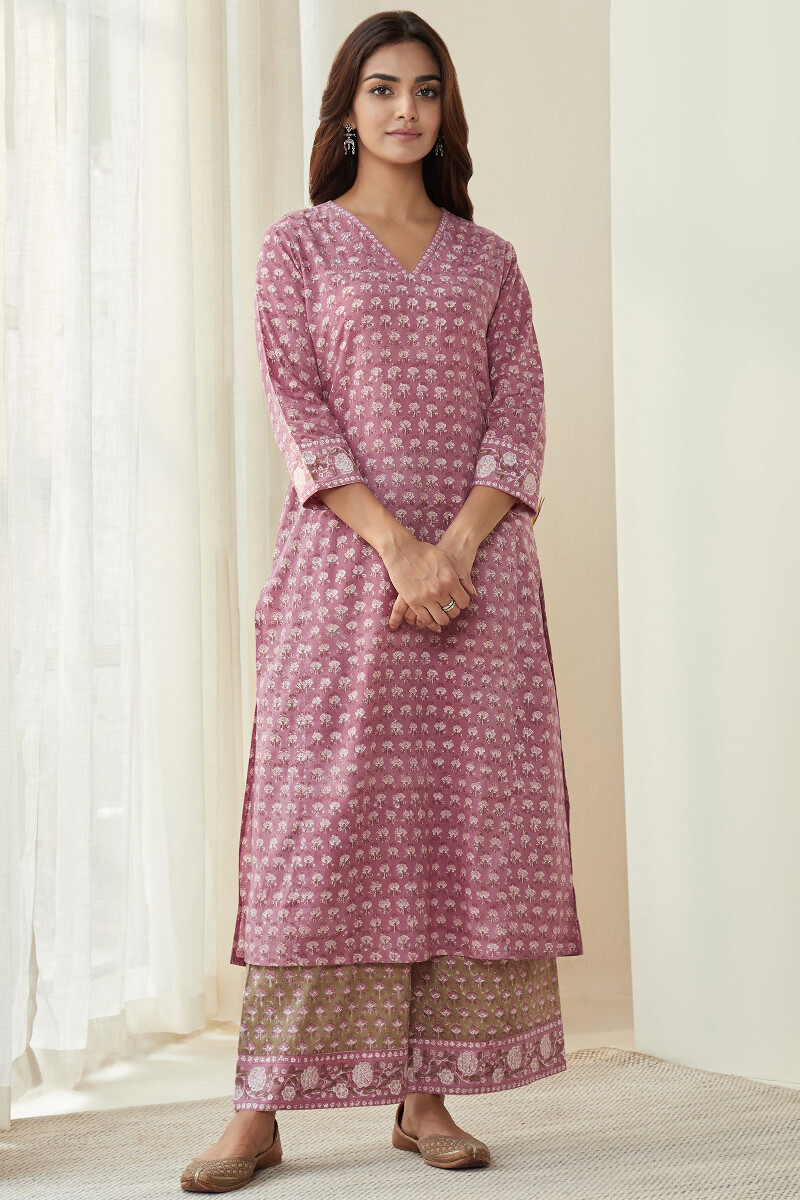 Purple Hand Block-Printed Straight Cotton Kurta