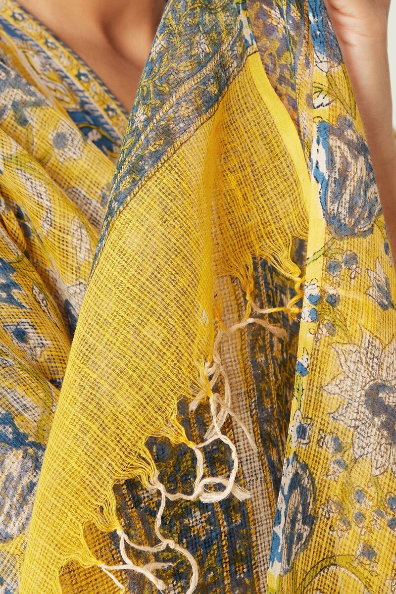 Yellow Hand Block-Printed Kota Dupatta