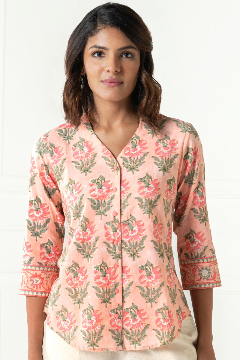 Peach Block Printed Cotton Top