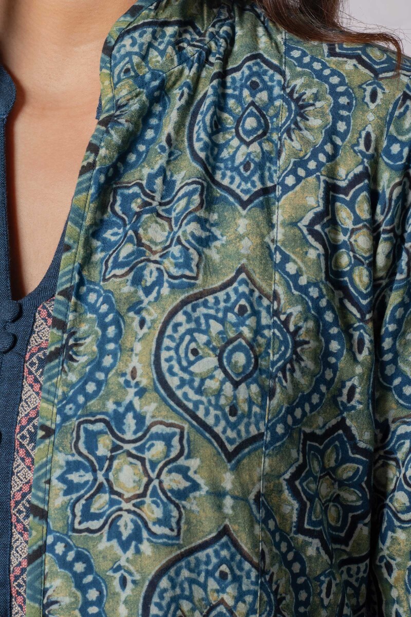 Indigo Block Printed Handloom Reversible Jacket