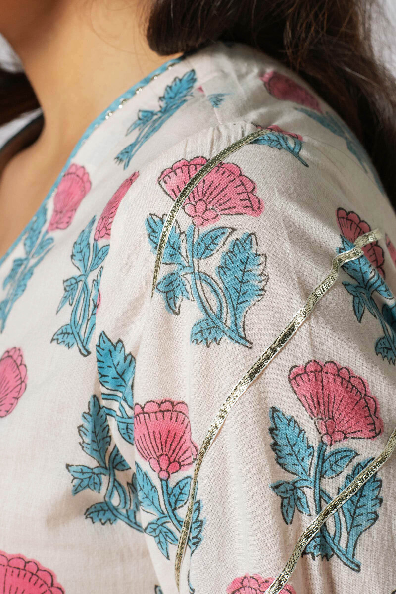 Off-White Block Printed Straight Cotton Kurta