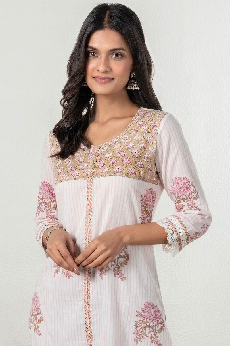 Off-White Block Printed Straight Cotton Kurta