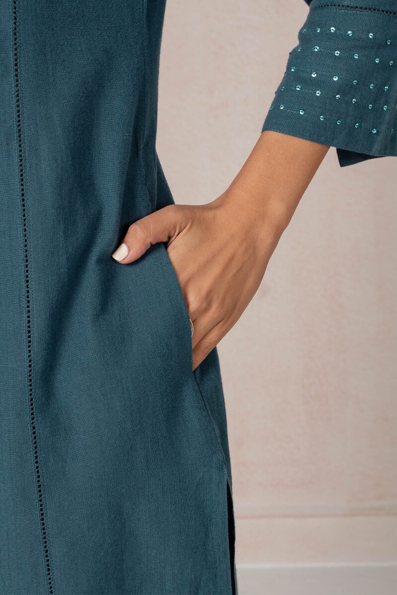 Blue Handcrafted Straight Cotton Kurta
