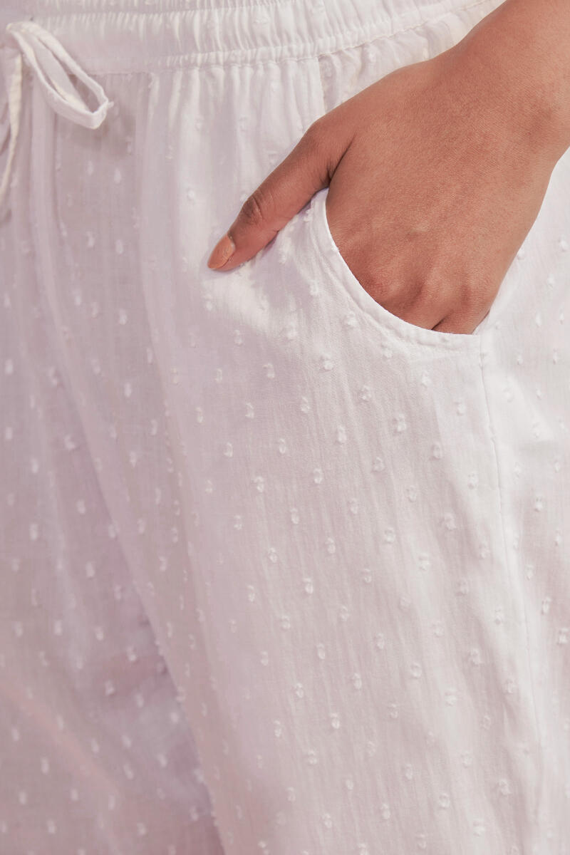 White Handcrafted Cotton Dobby Narrow Pants