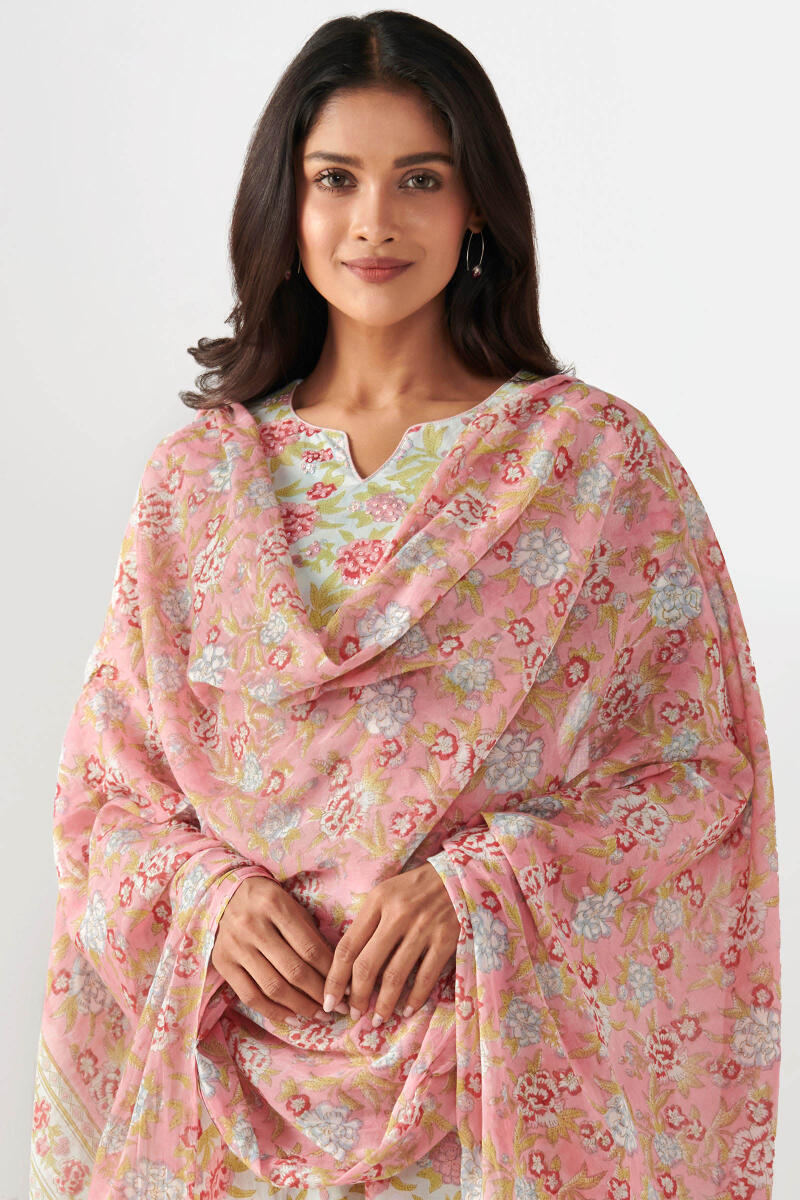 Pink Block Printed Cotton Dupatta