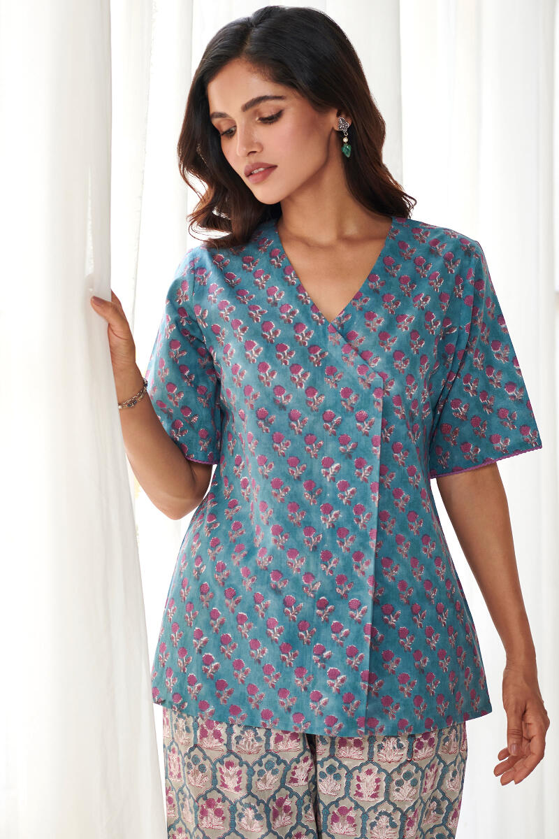 Blue Block Printed Cotton Loungewear Set