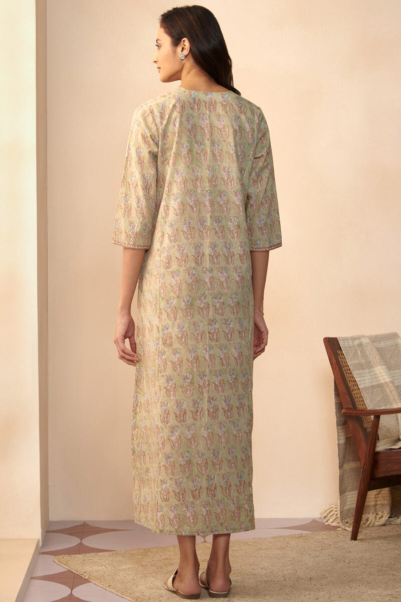 Green Hand Block Printed Cotton Kaftan