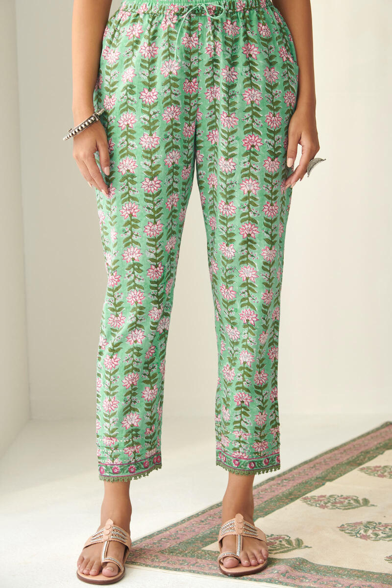 Green Hand Block Printed Cotton Narrow Pants