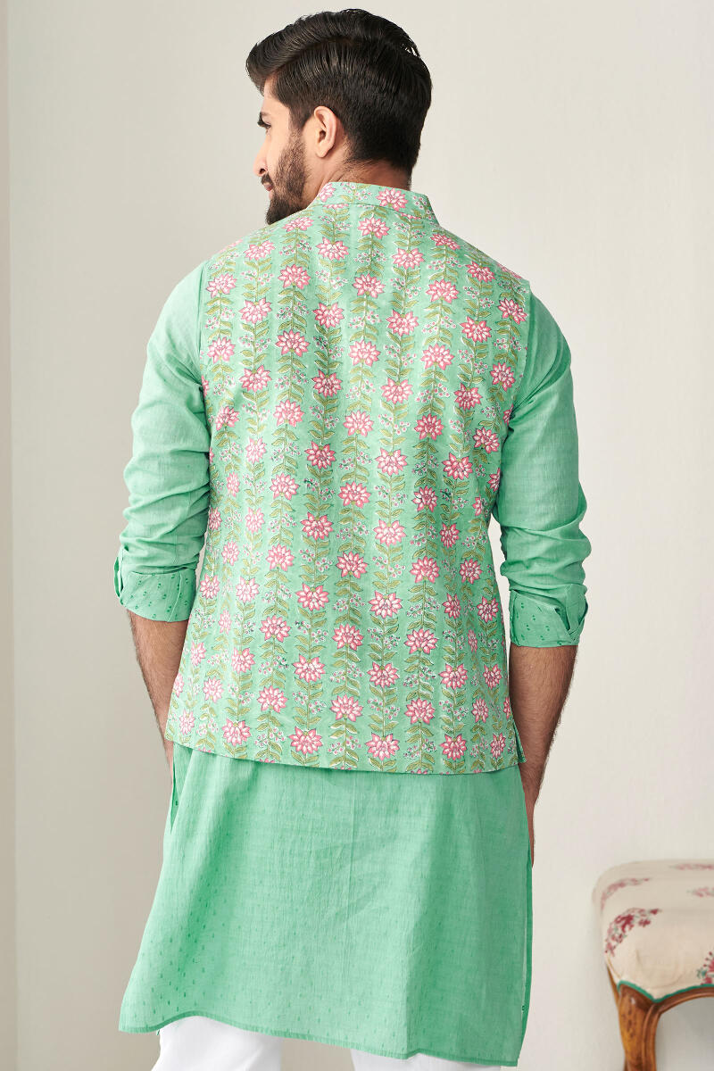 Green Hand Block Printed Cotton Nehru Jacket