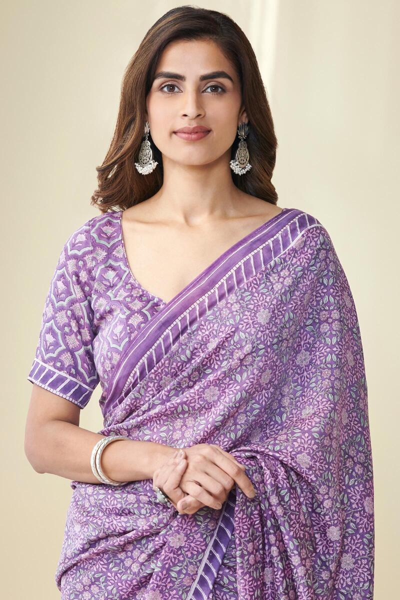 Purple Hand Block Printed Cotton Silk Saree