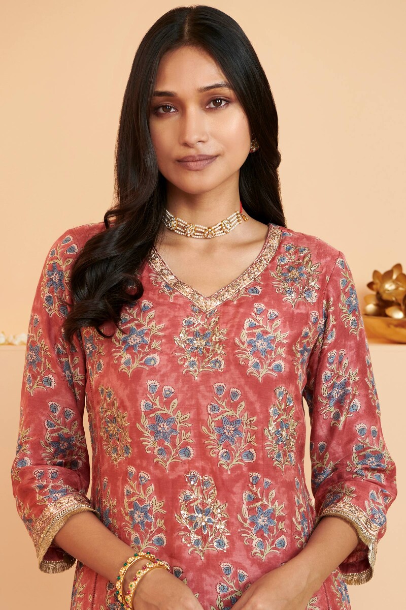 Red Hand Block Printed Straight Modal Kurta