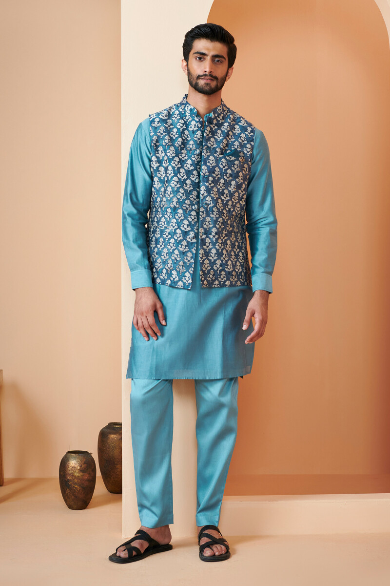 Blue Hand Block Printed Chanderi Nehru Jacket