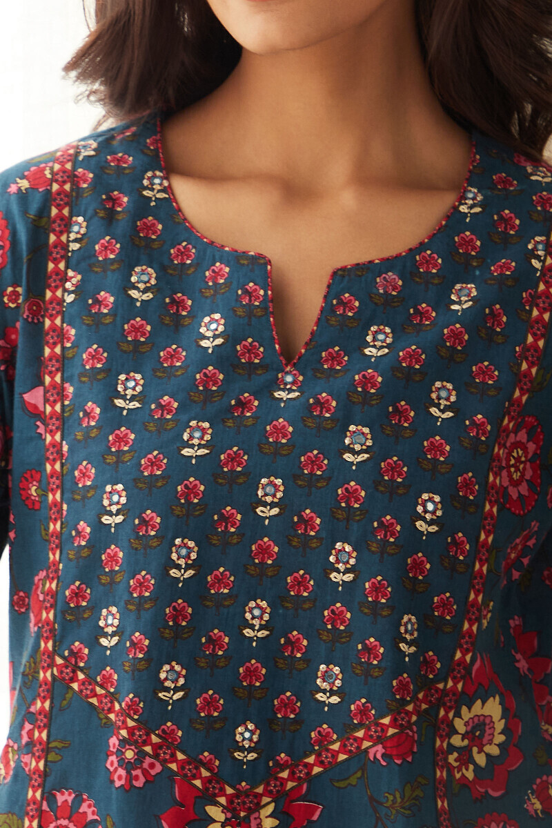 Blue Hand Printed Straight Cotton Kurta