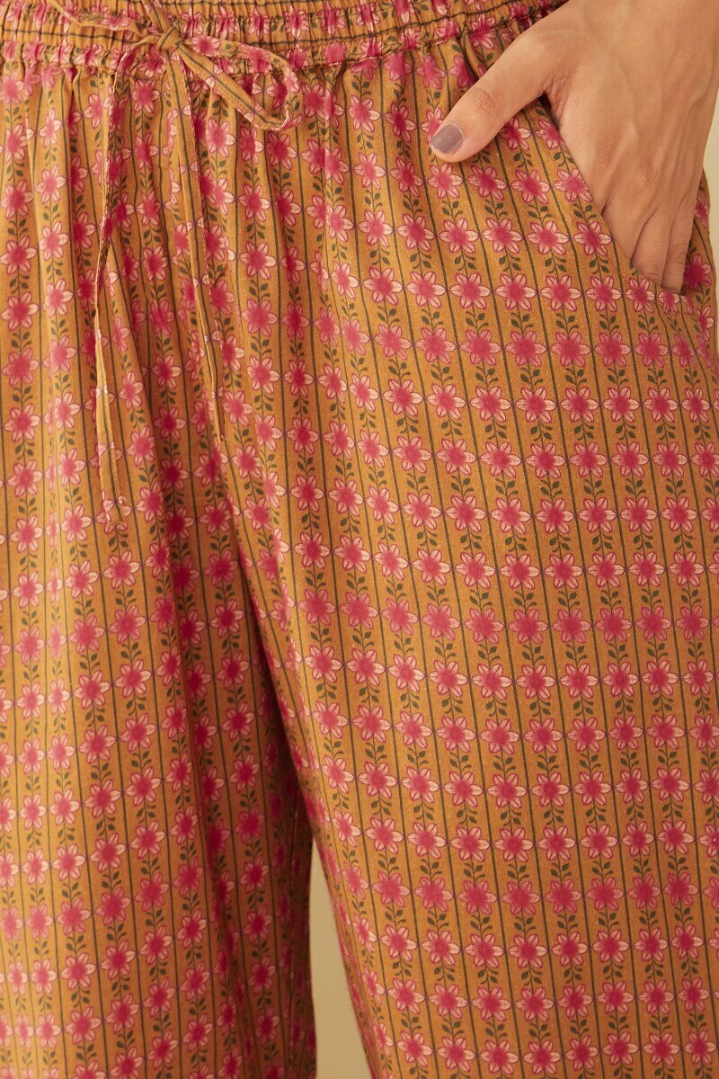 Mustard Printed Cotton Narrow Pants