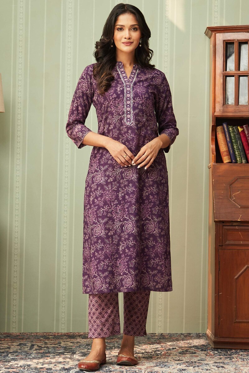 Purple Printed Straight Cotton Kurta