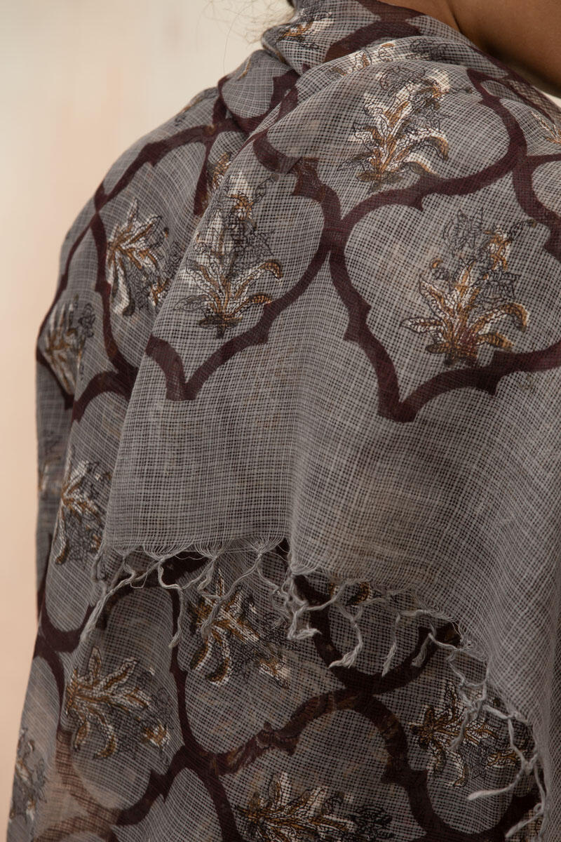 Grey Block Printed Kota Dupatta