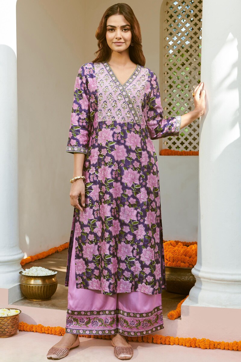 Purple Hand Block-Printed Straight Chanderi Kurta