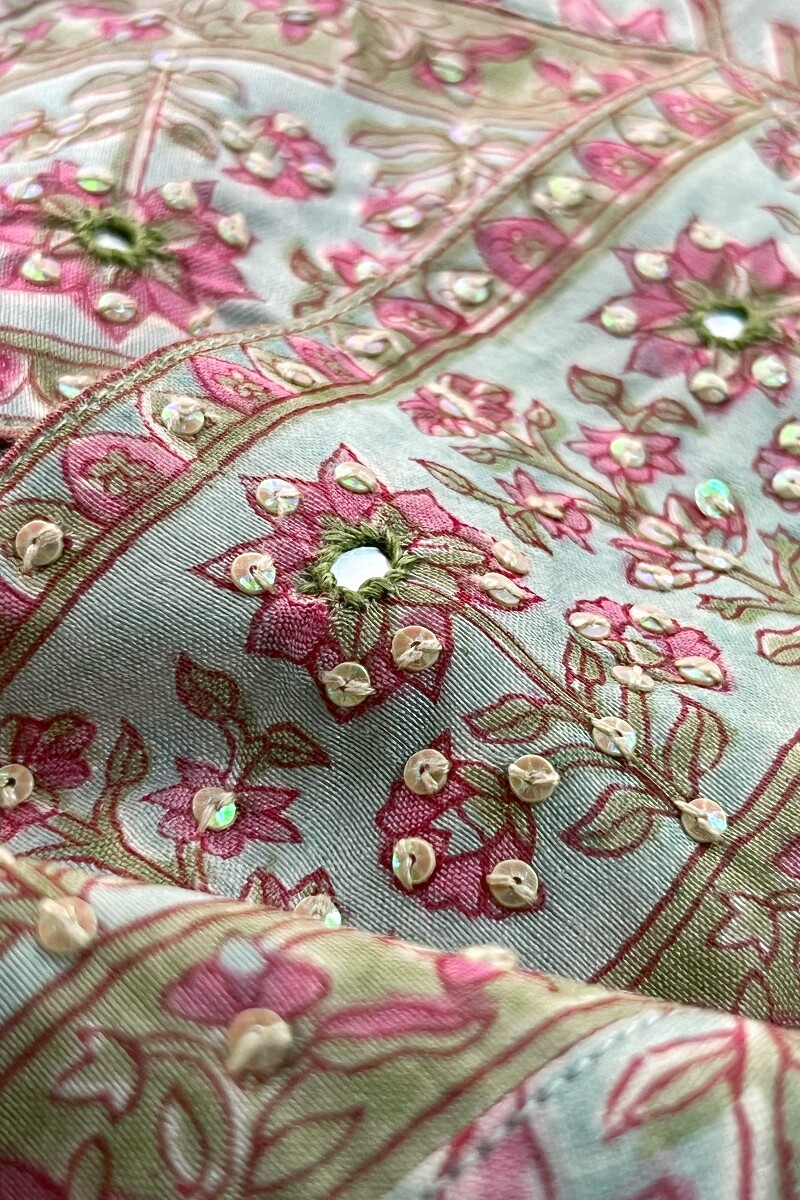 Light Blue Hand Block-Printed Straight Chanderi Kurta