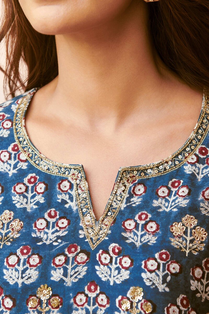 Blue Hand Block-Printed Straight Chanderi Kurta